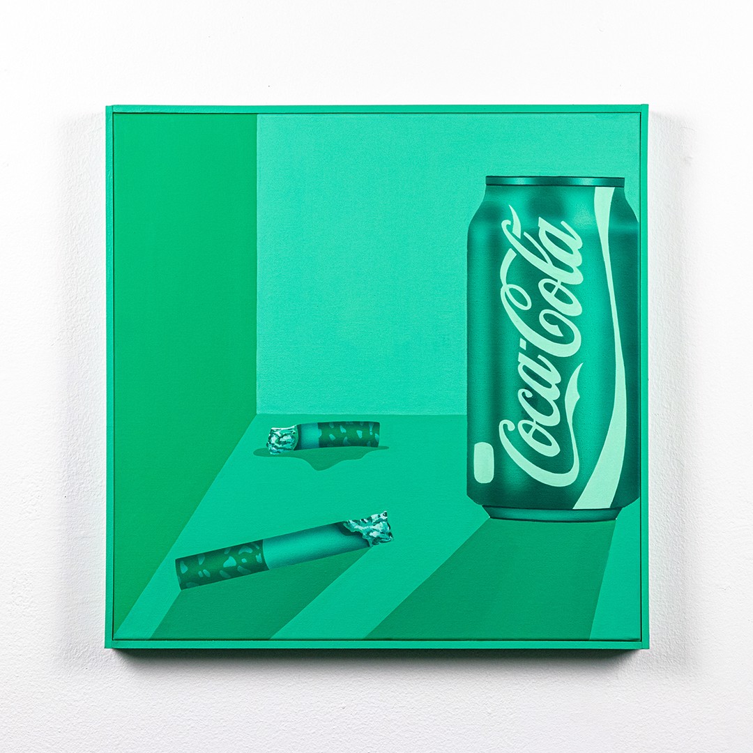 A can of coca cola and a cigarette on a green background.