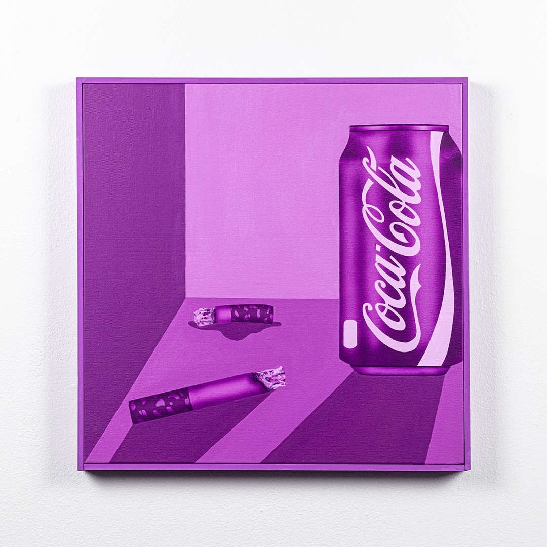 A can of coca cola next to a cigarette on a purple background.