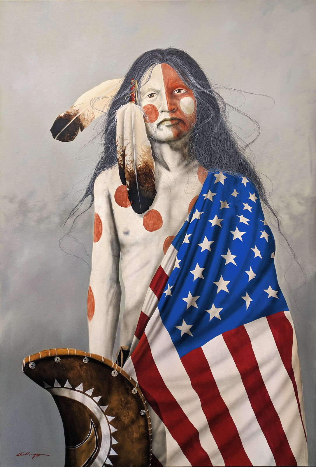 A painting of a native american man holding an American flag.
