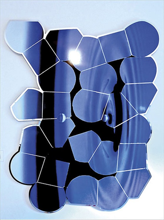 A fragmented mirror sculpture forming a face against a pale background.