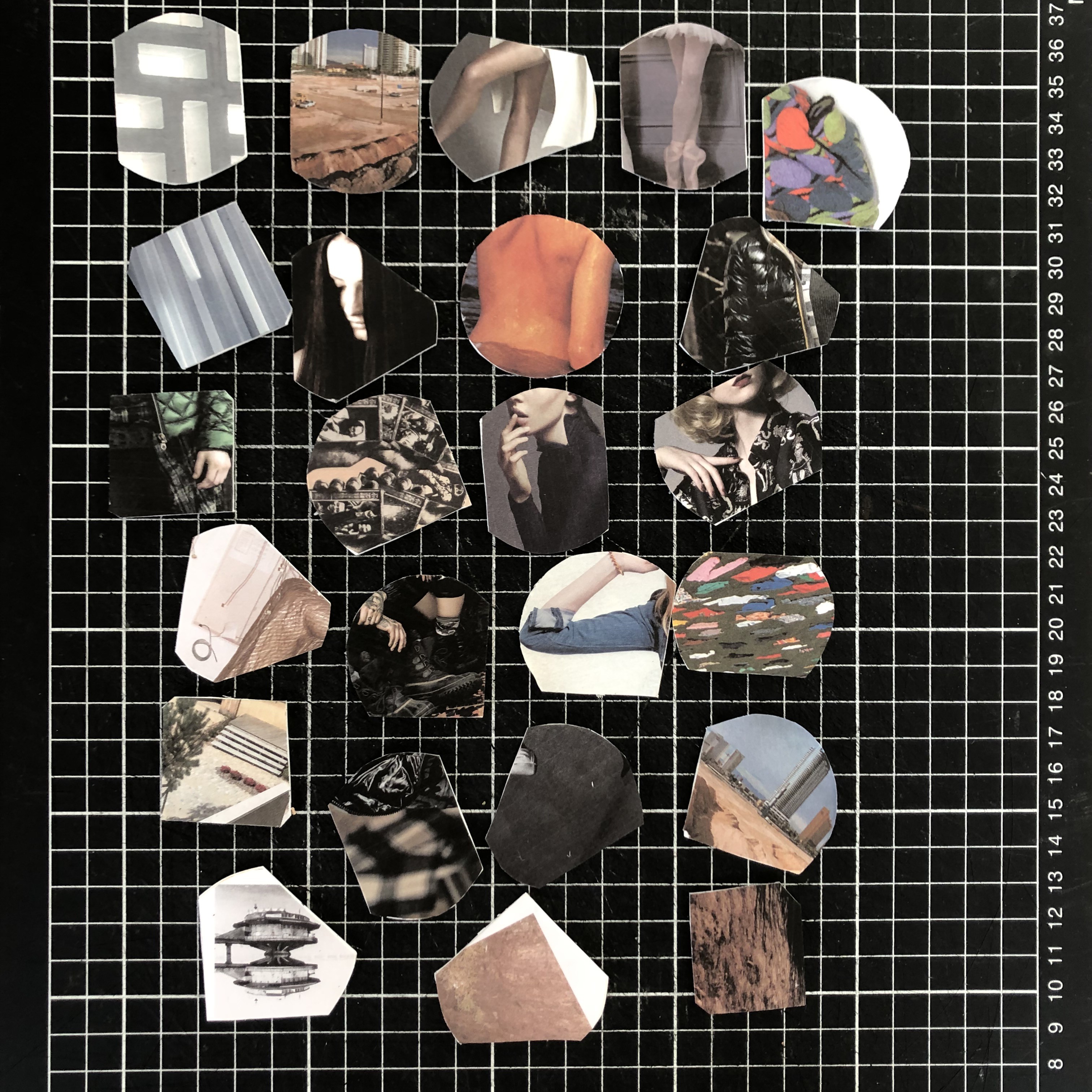 A grid-based collage of fragmented, abstracted human and architectural imagery.