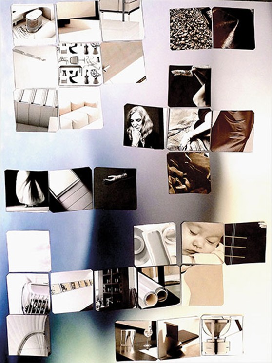 A collage of fragmented, monochromatic and desaturated images arranged in a scattered grid.