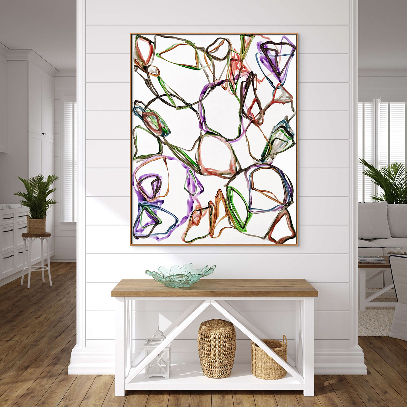 A painting of a bunch of different colored lines on a white background.
