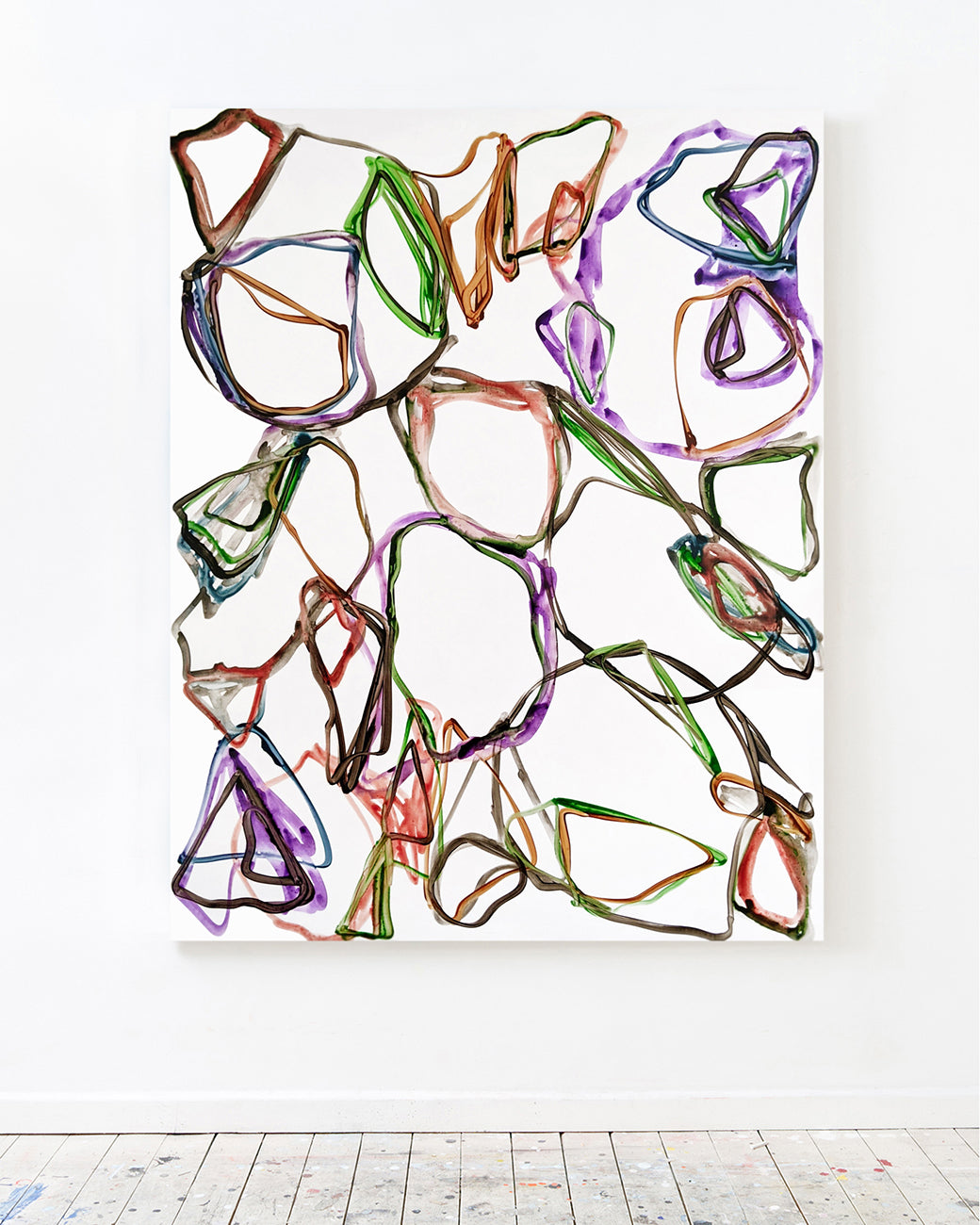 A painting of a bunch of different colored lines on a white background.