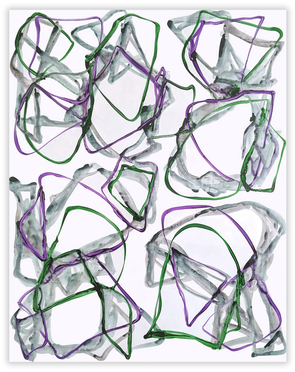 A drawing of purple and green shapes on a white background.