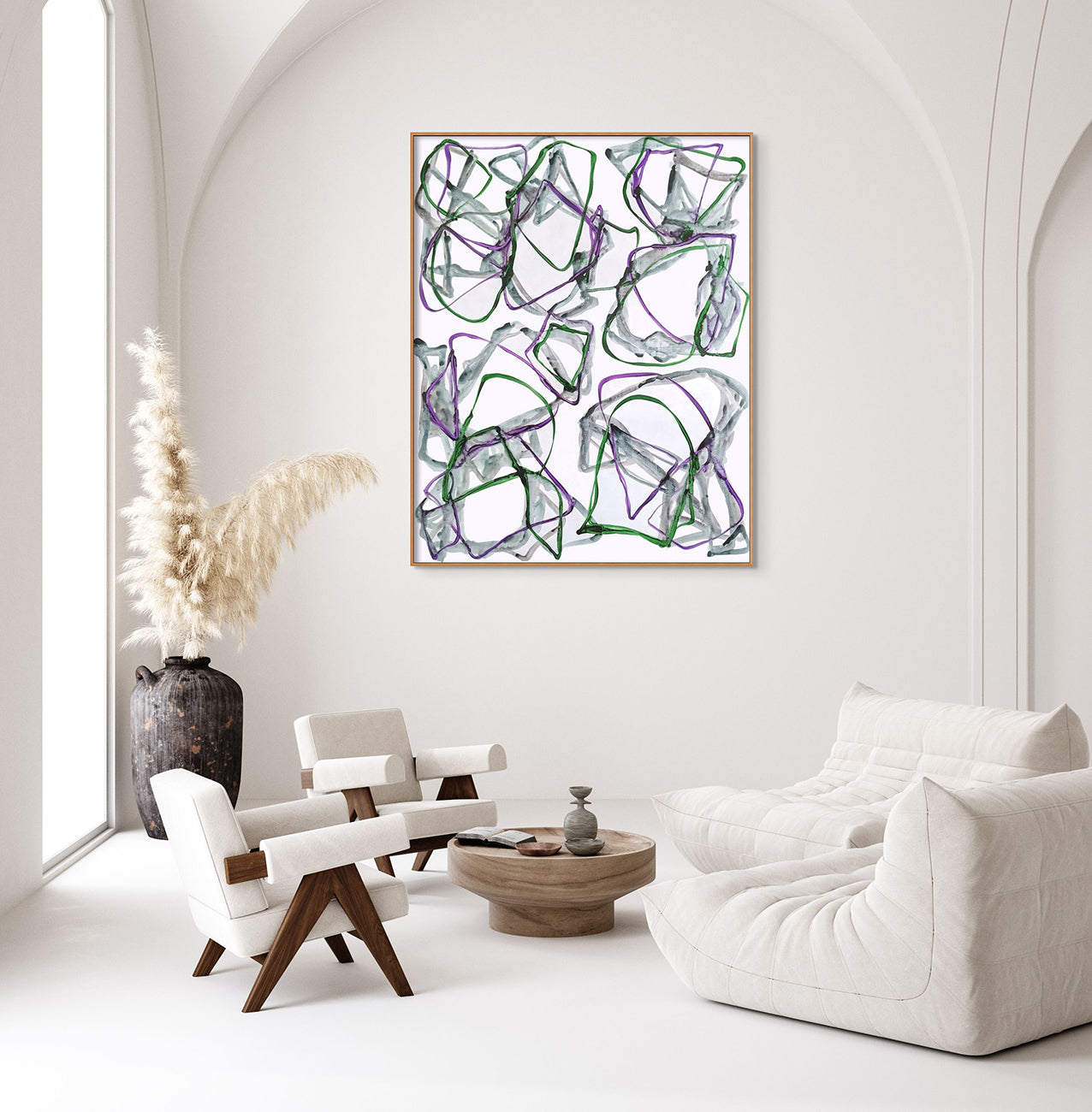 A drawing of purple and green shapes on a white background.