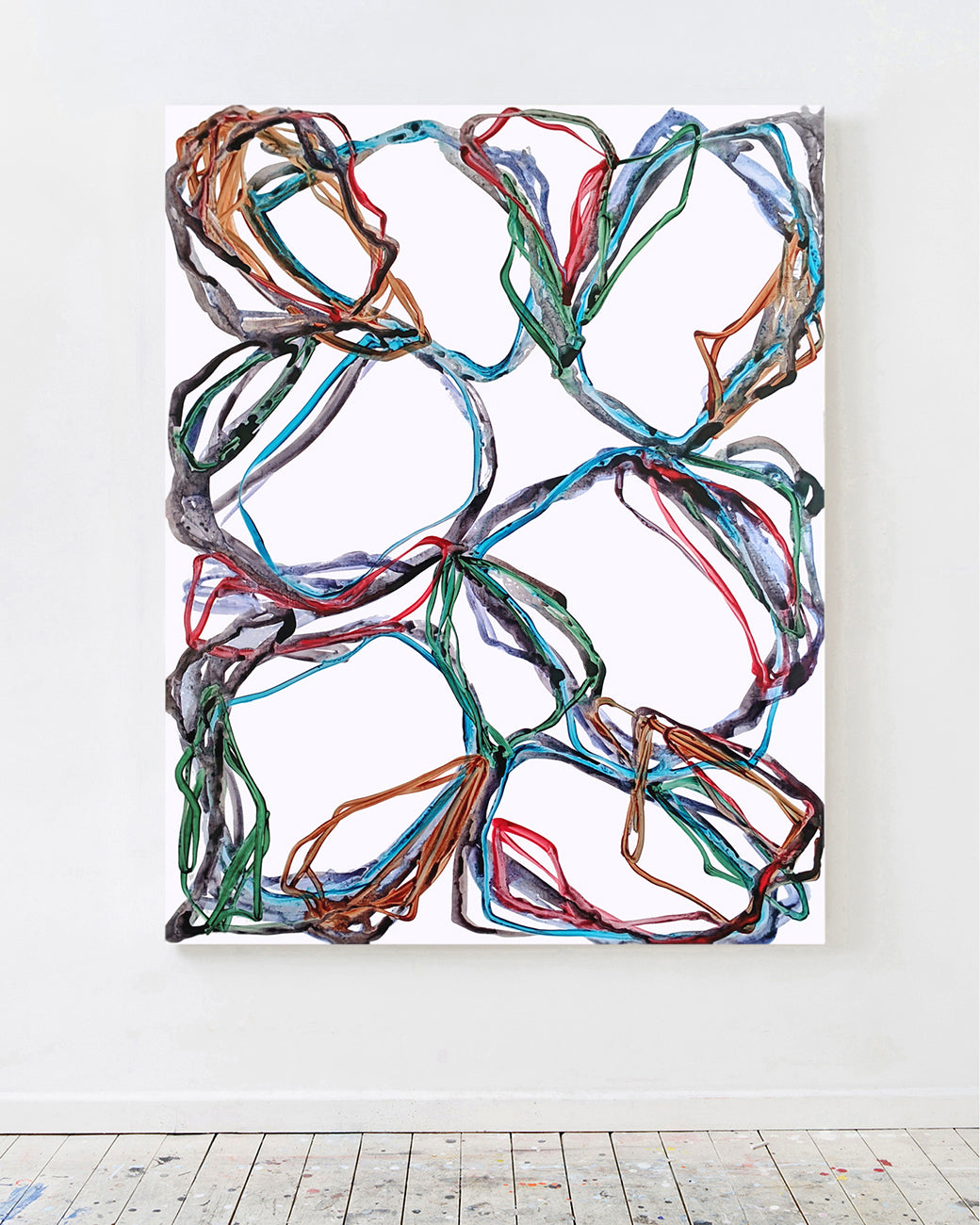A painting of a bunch of different colored wires on a white background.