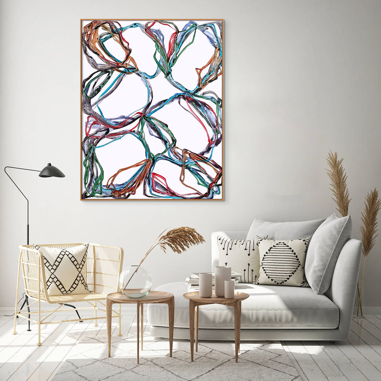 A painting of a bunch of different colored wires on a white background.