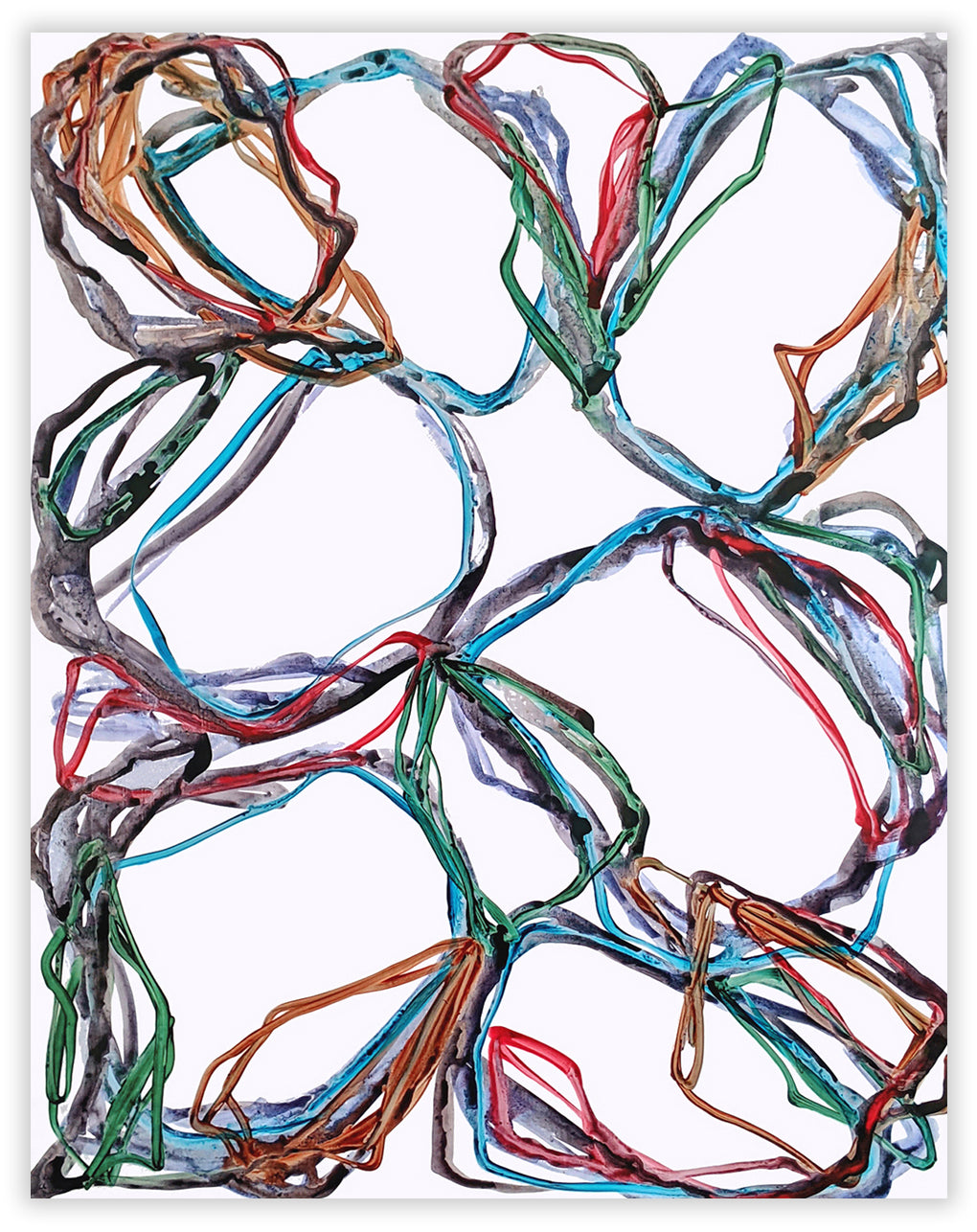 A painting of a bunch of different colored wires on a white background.