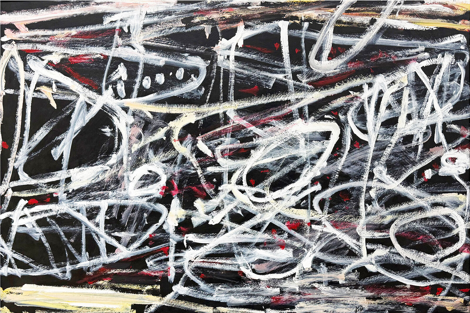 A black and white painting with lots of paint on it.