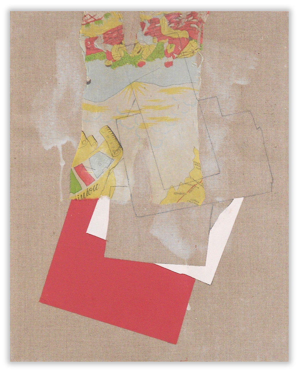 A collage of various pieces of paper on a piece of cardboard.