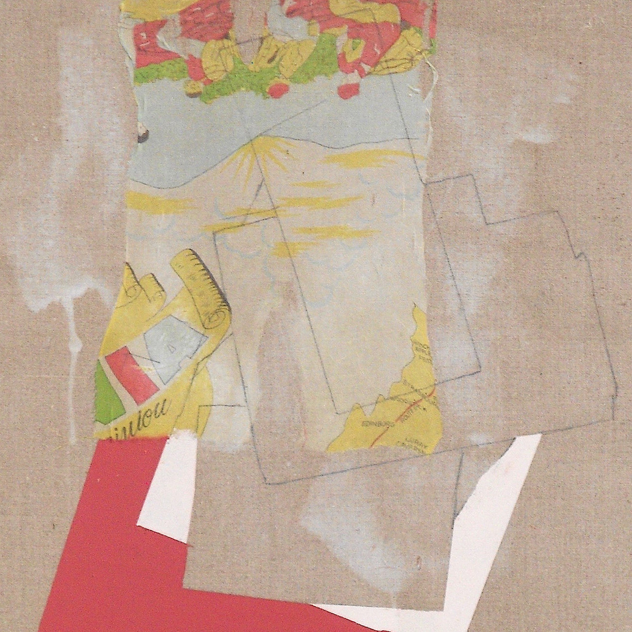 A collage of various pieces of paper on a piece of cardboard.