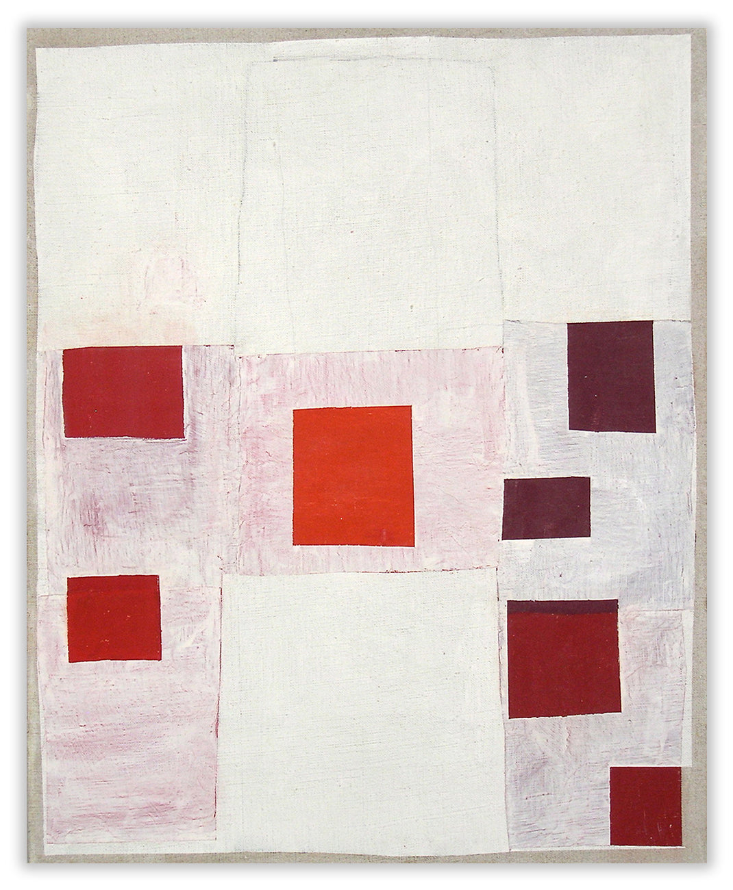A painting with red and white squares on a white background.