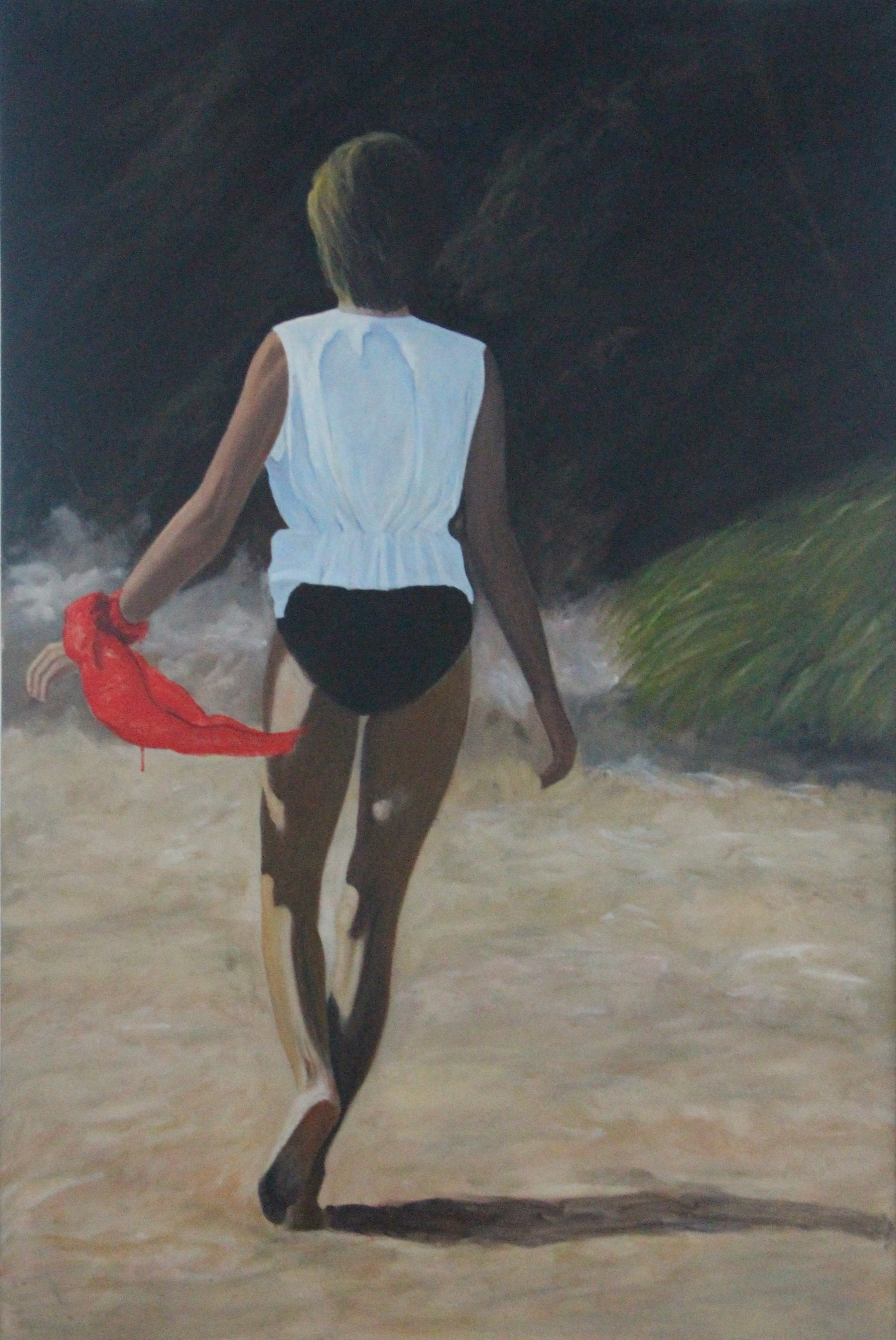 A painting of a woman running on a beach at night.
