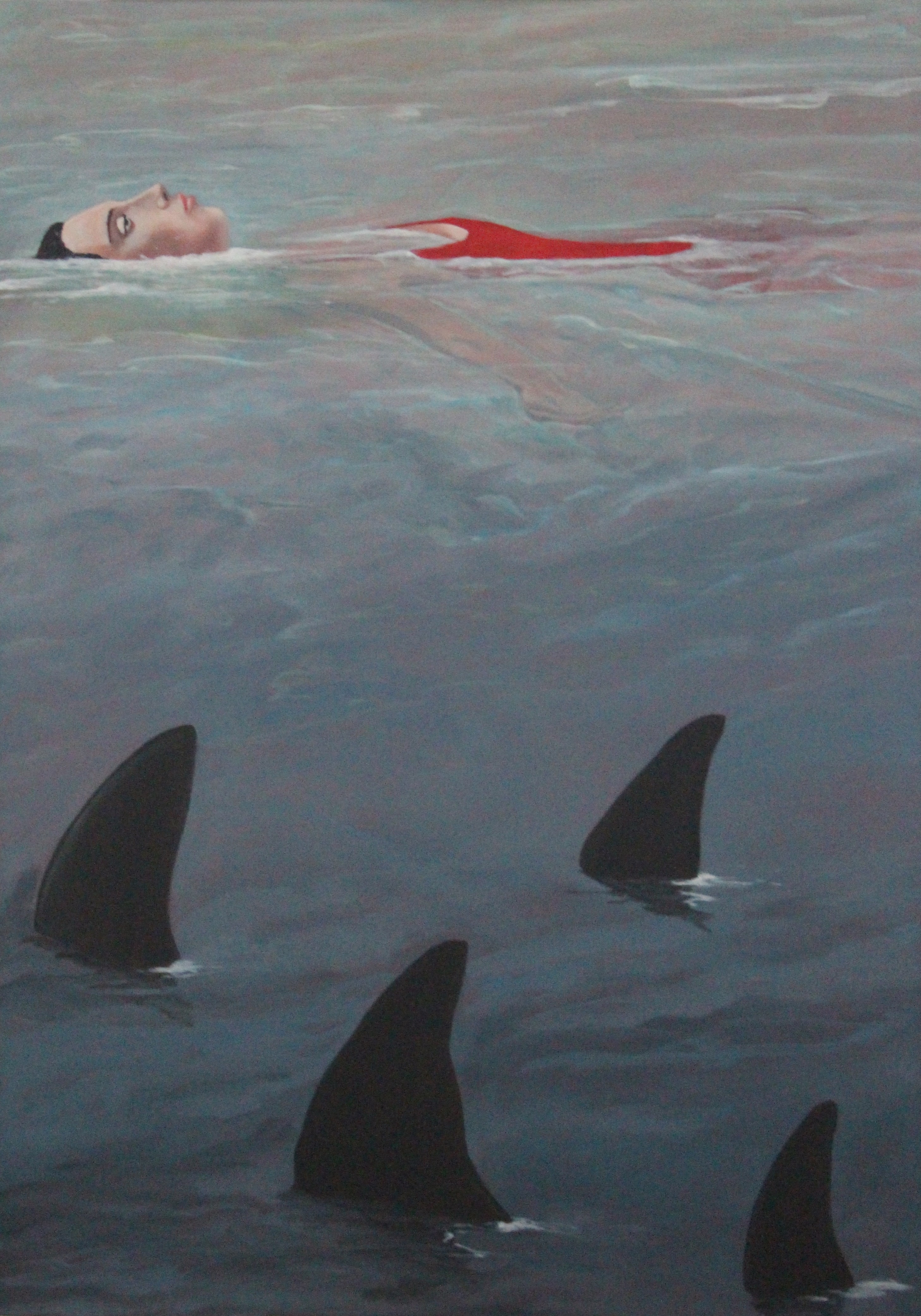 A painting of a woman swimming in the ocean surrounded by sharks.
