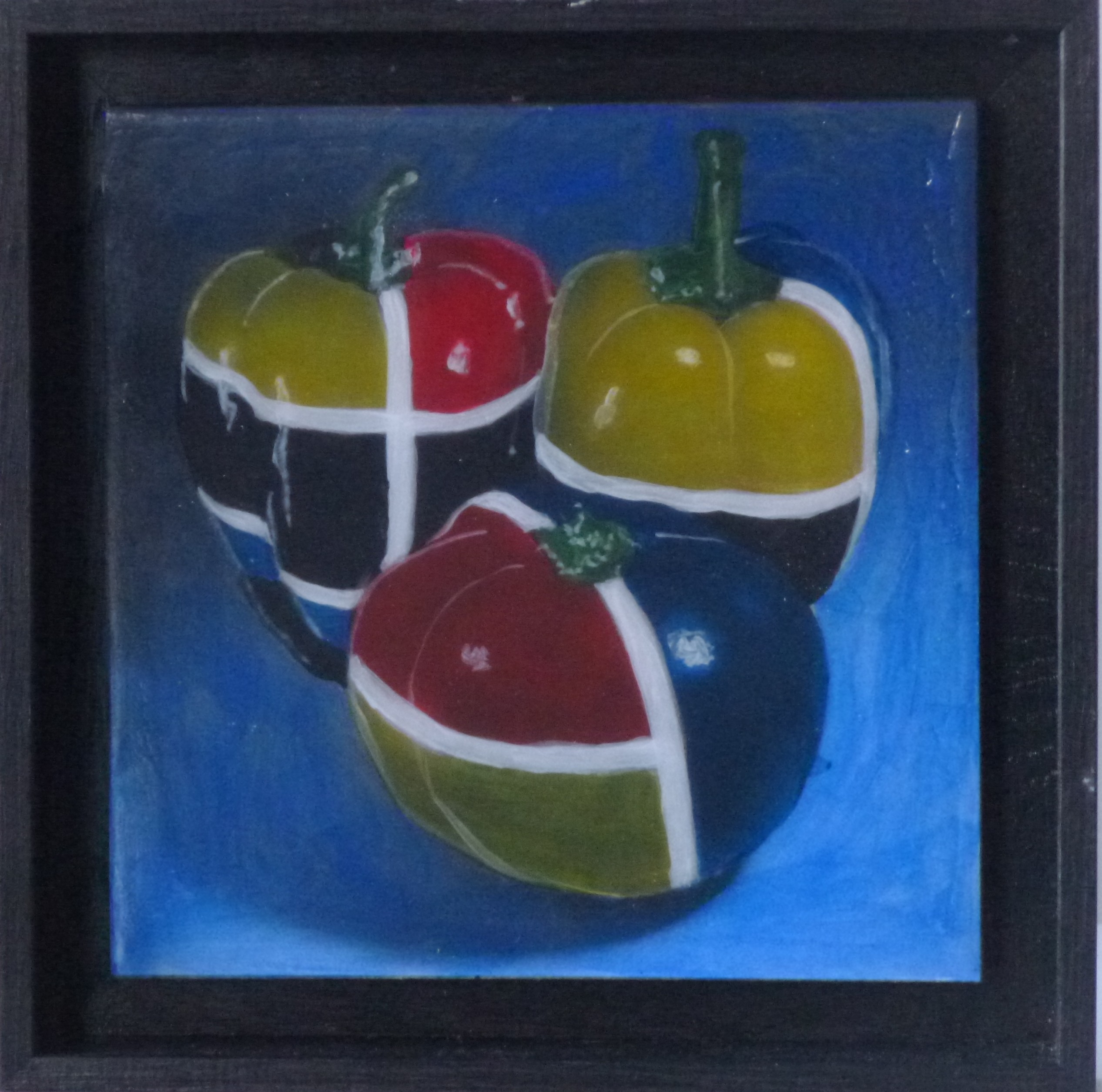 A painting of three peppers on a blue background.