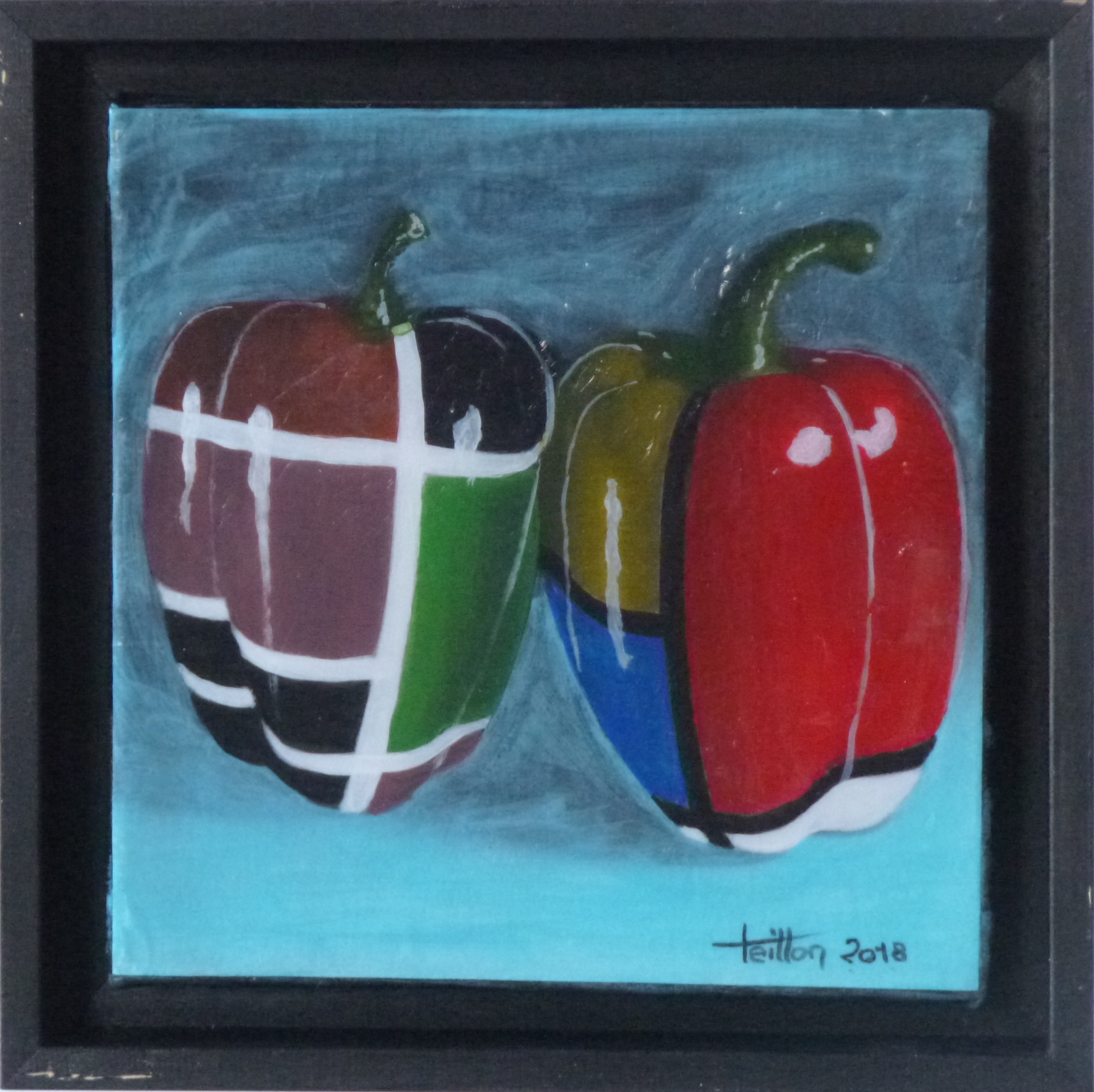 A painting of two peppers on a blue background.