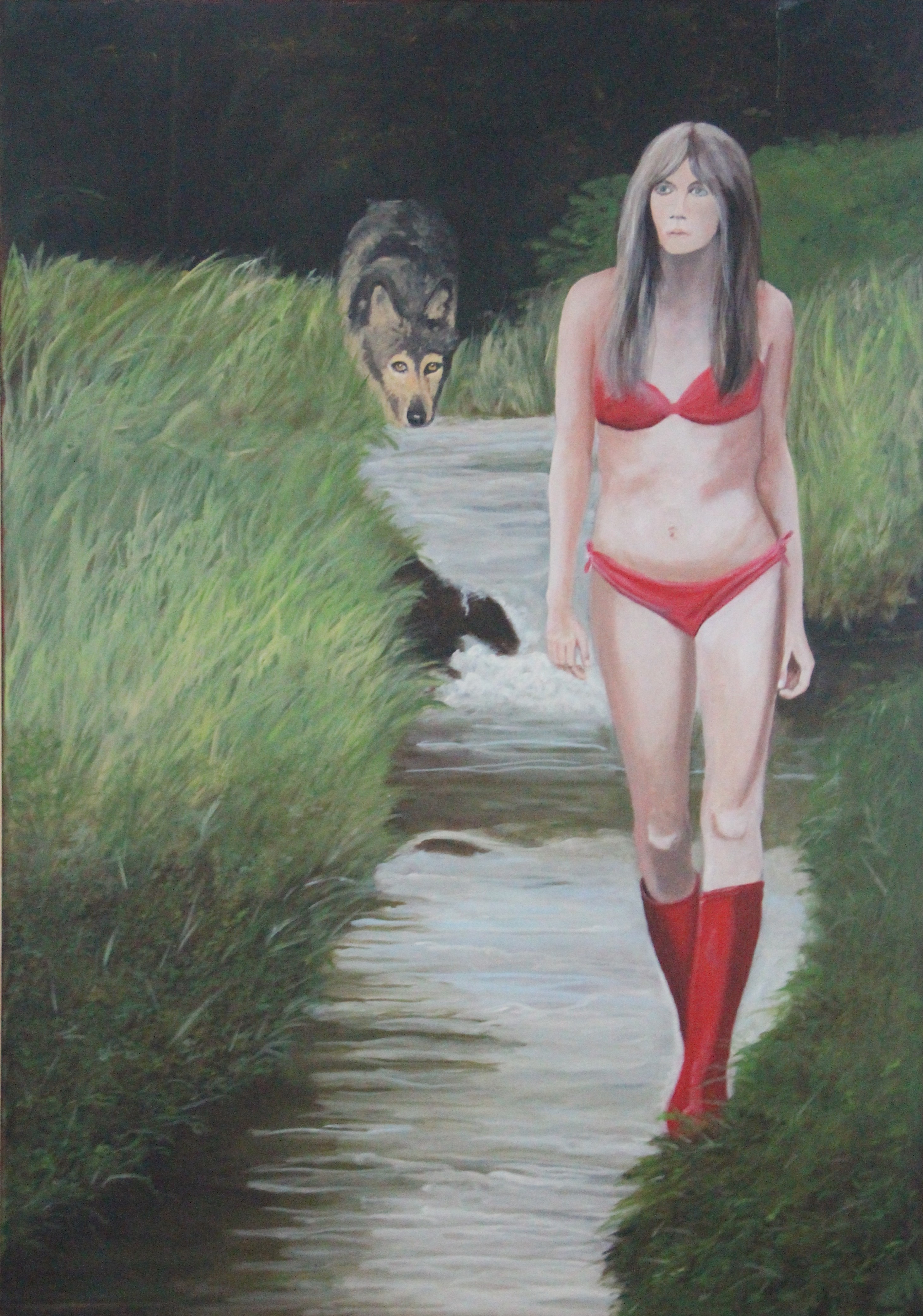 A painting of a woman in a red bikini and red boots walking by a stream.