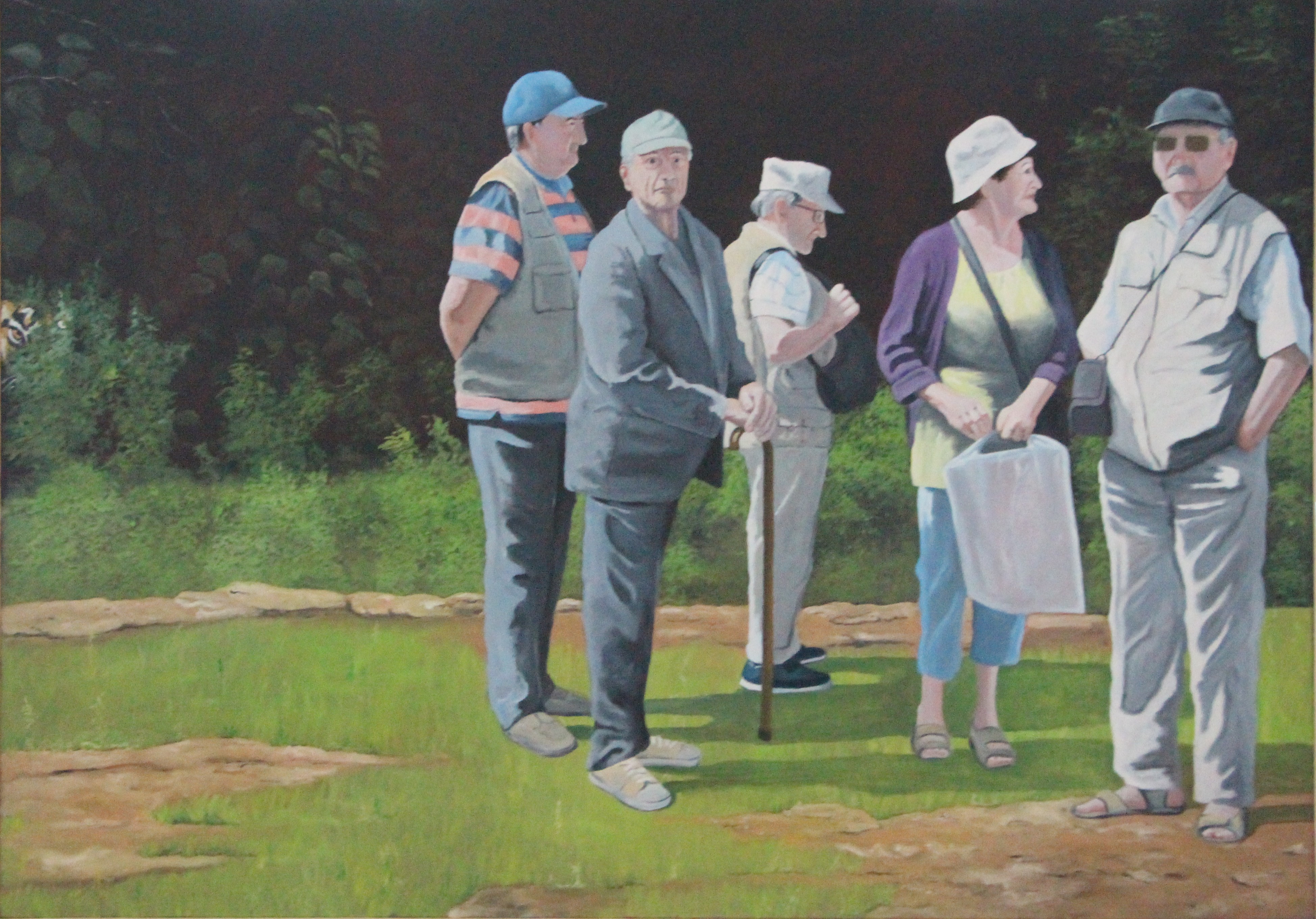 A painting of a group of people standing next to each other.