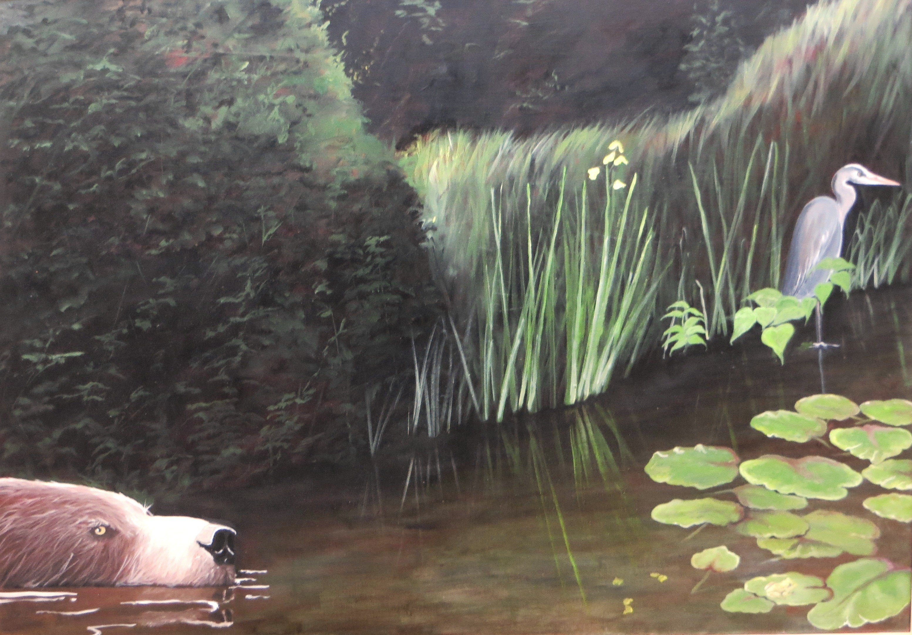 A painting of a bear and a bird in a pond.