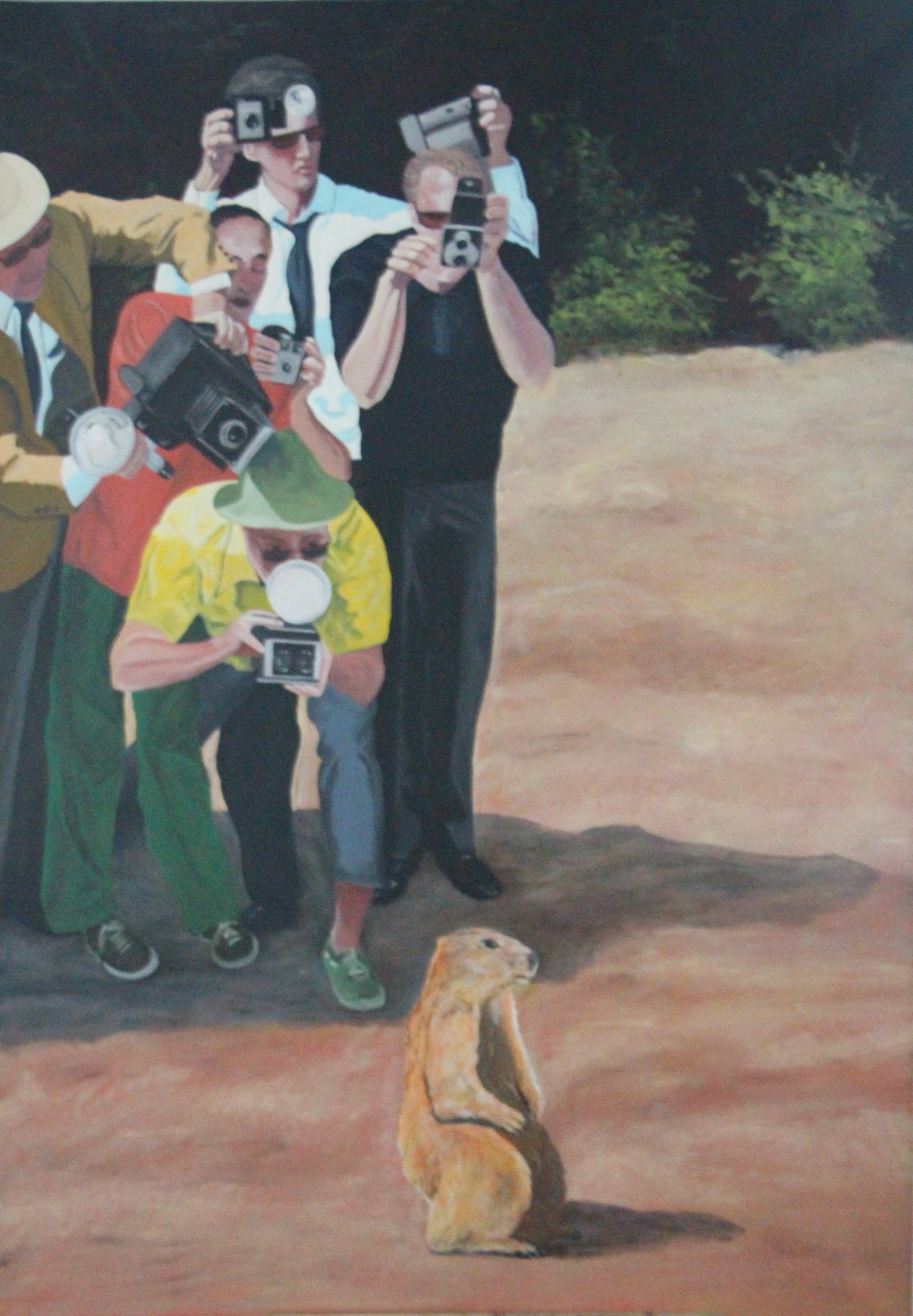 A painting of a group of people taking pictures of a groundhog.