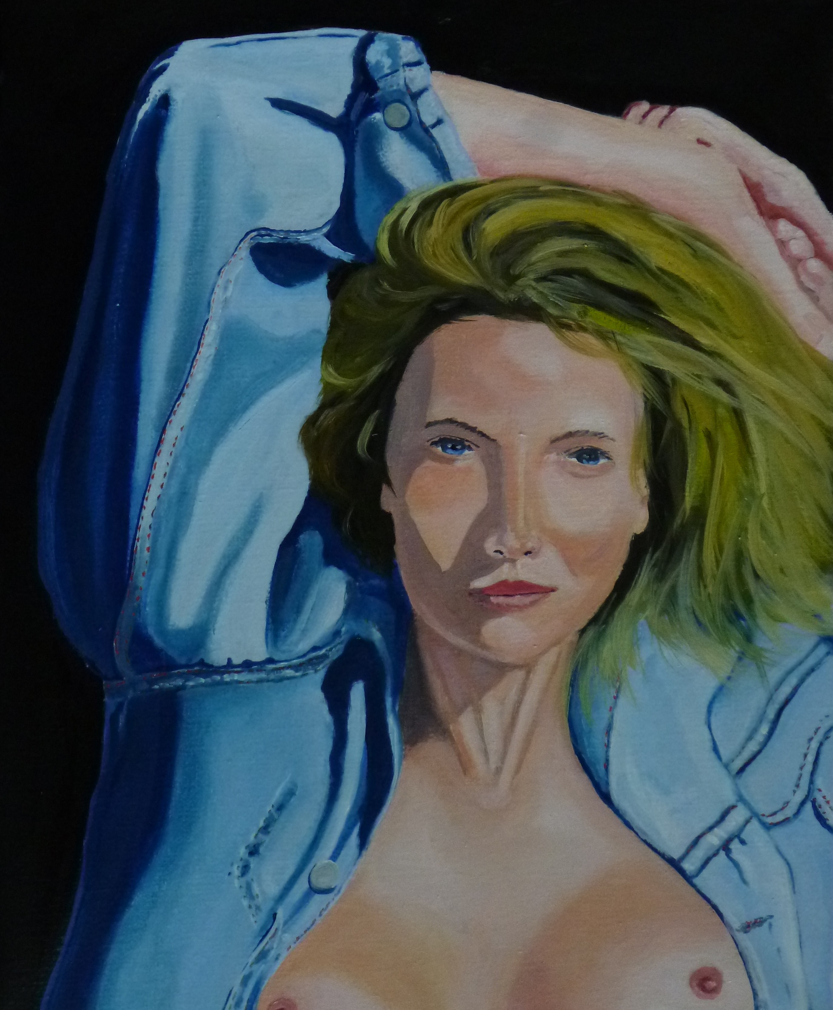 A painting of a woman with green hair and a blue shirt.