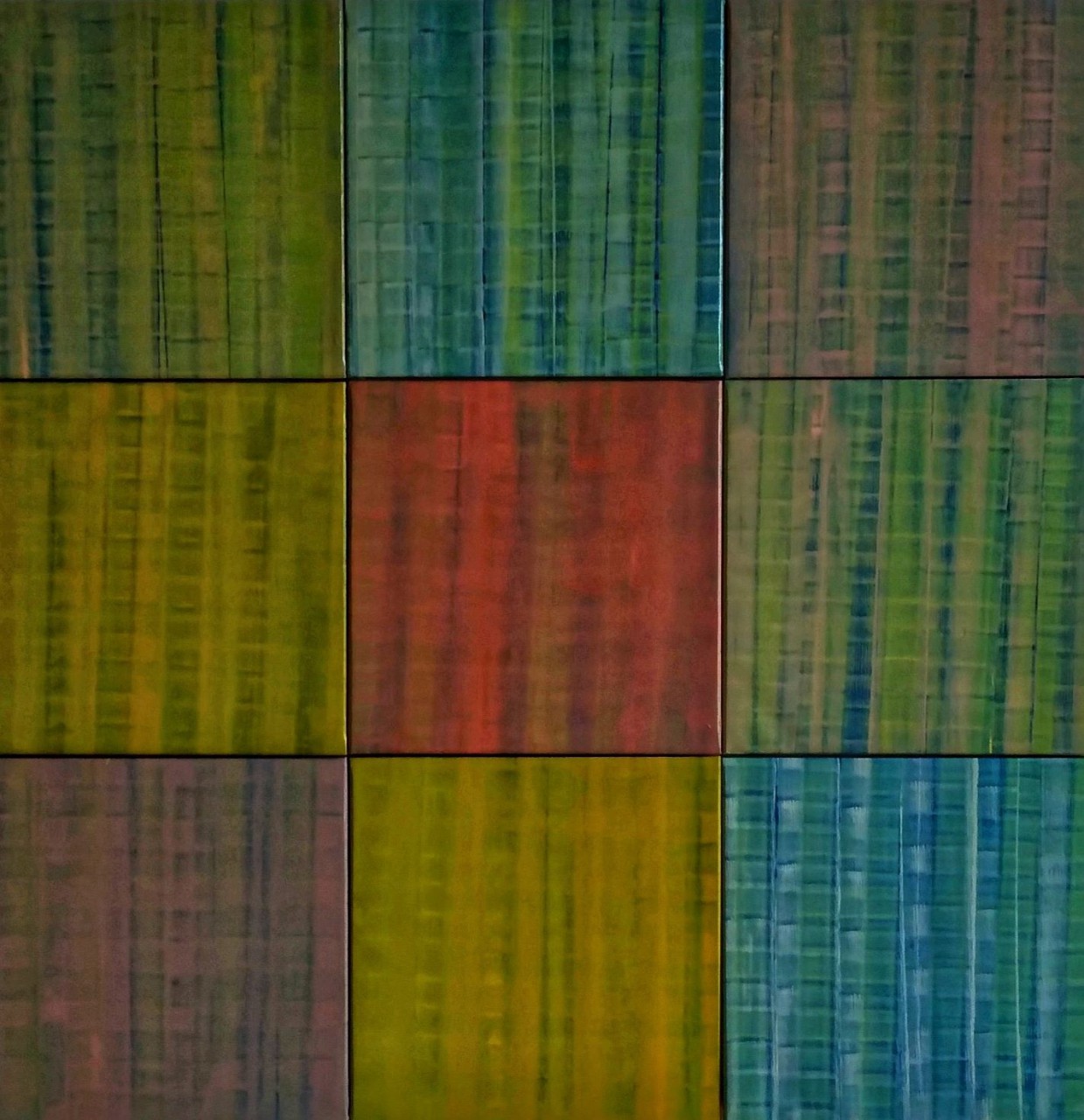 A grid of nine textured squares displaying a vibrant, abstract color palette.
