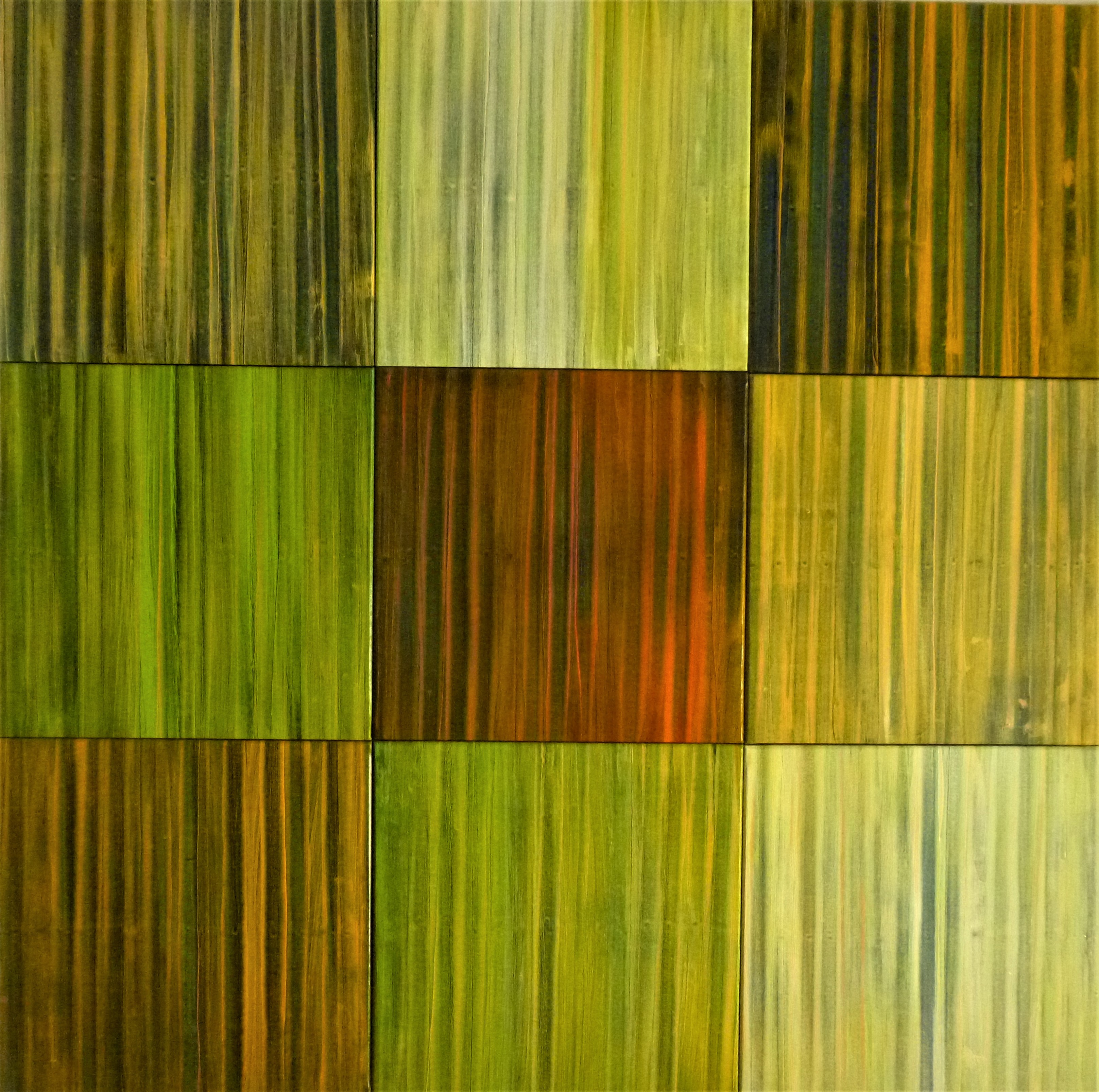 A grid of nine textured squares showcasing a palette of greens, browns, and amber.