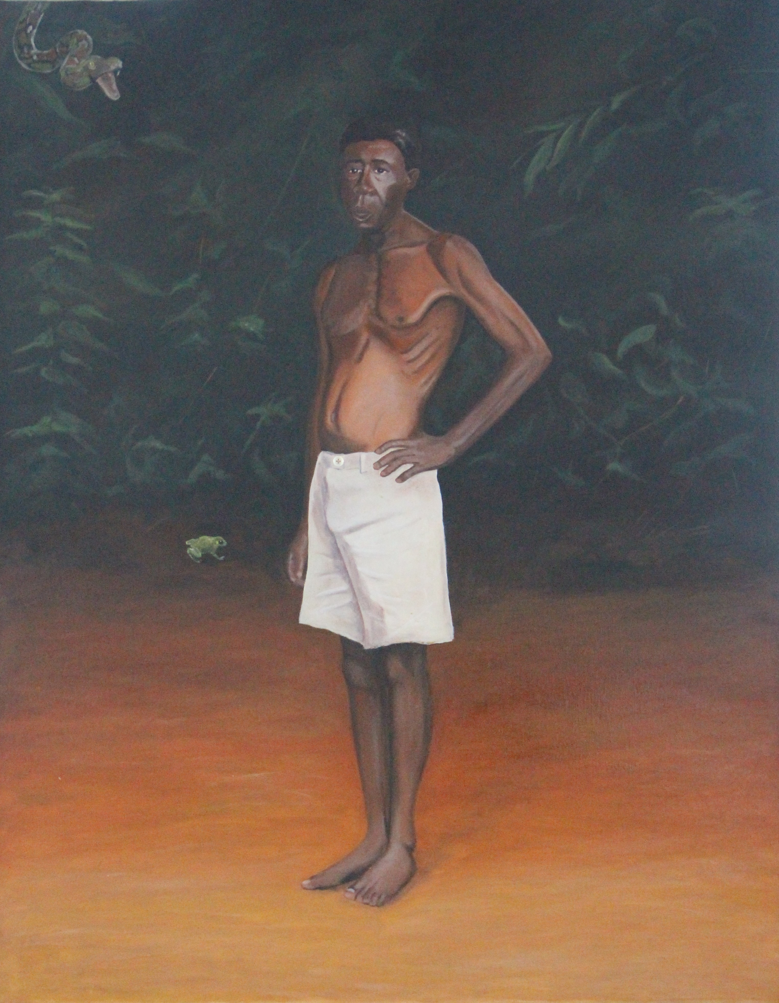 A painting of a man standing in front of a tree.