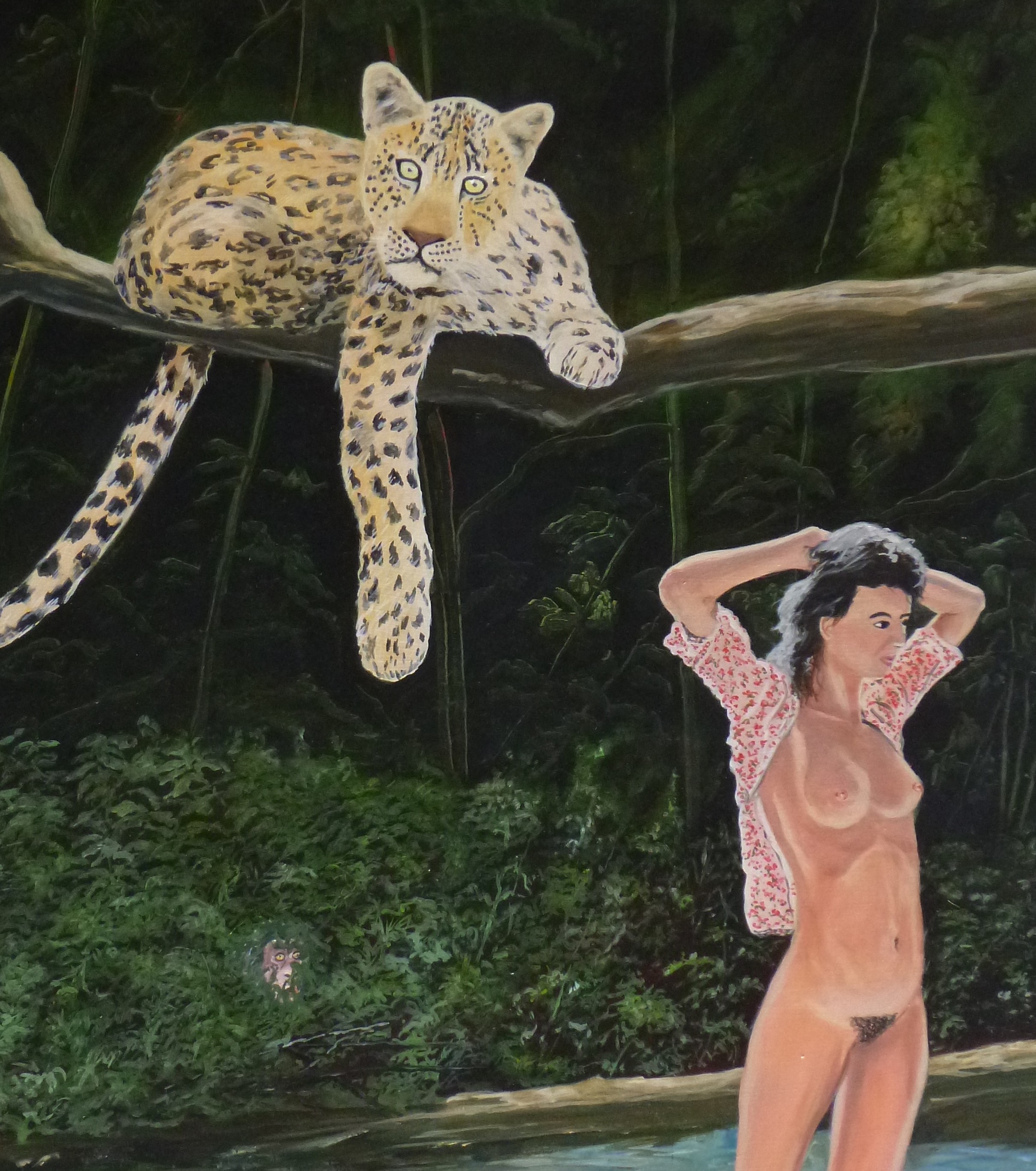 A painting of a naked woman standing in front of a leopard.