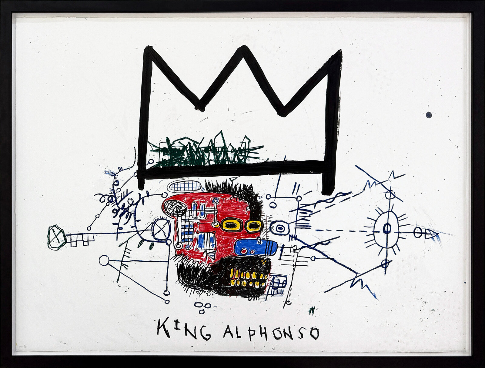 A surreal, cartoonish portrait of a crowned figure with mechanical features and abstract lines.