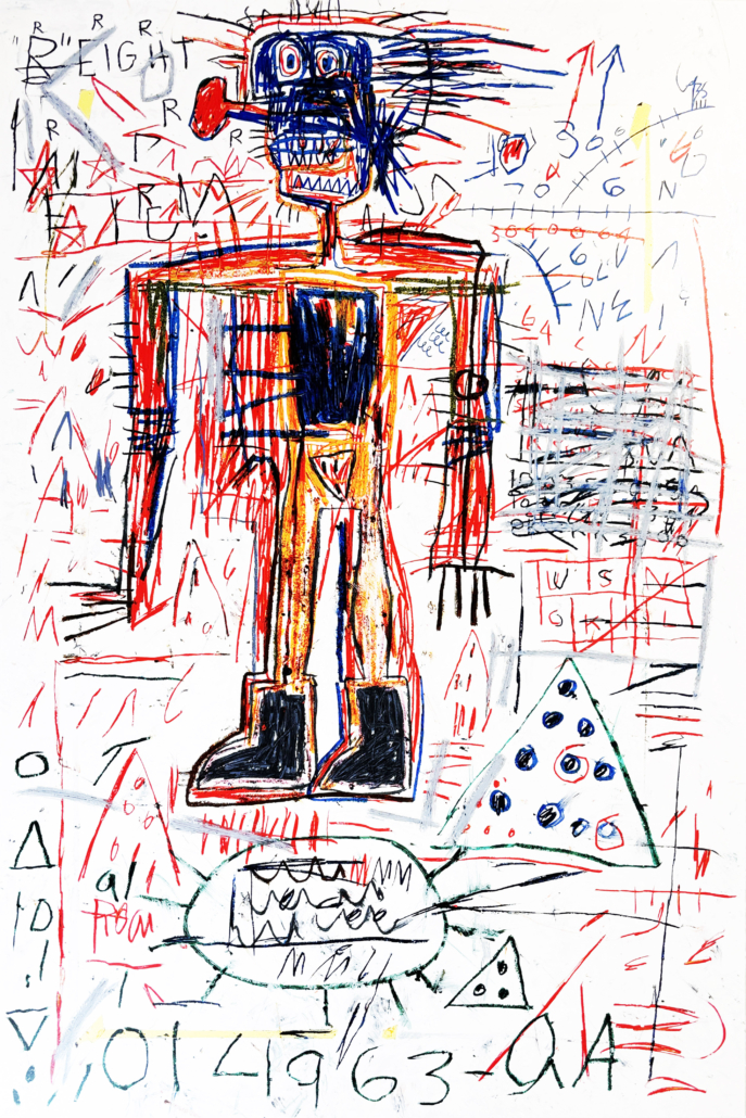A drawing of a man standing in front of a wall.