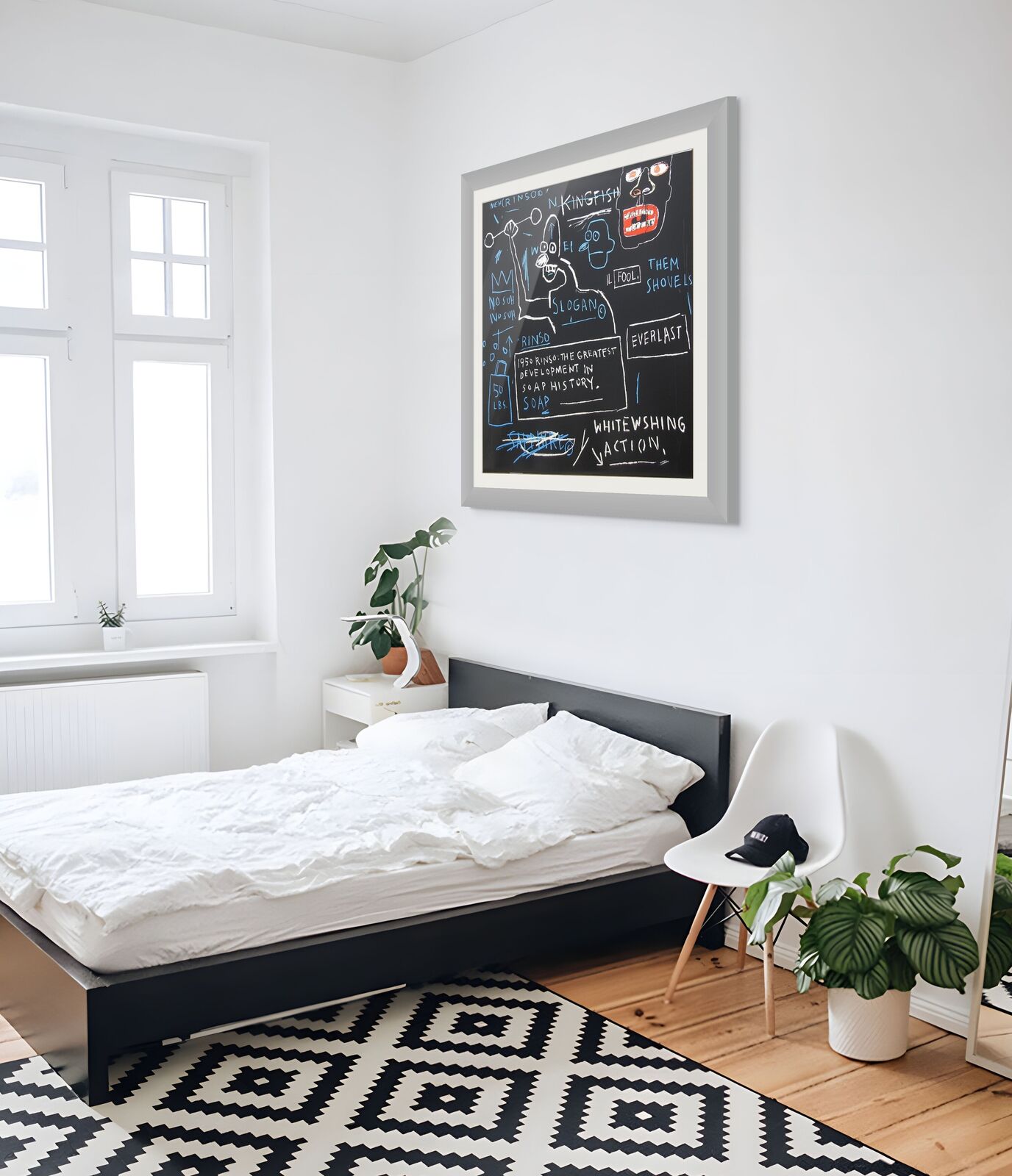 A blackboard with a drawing of a man holding a hammer.