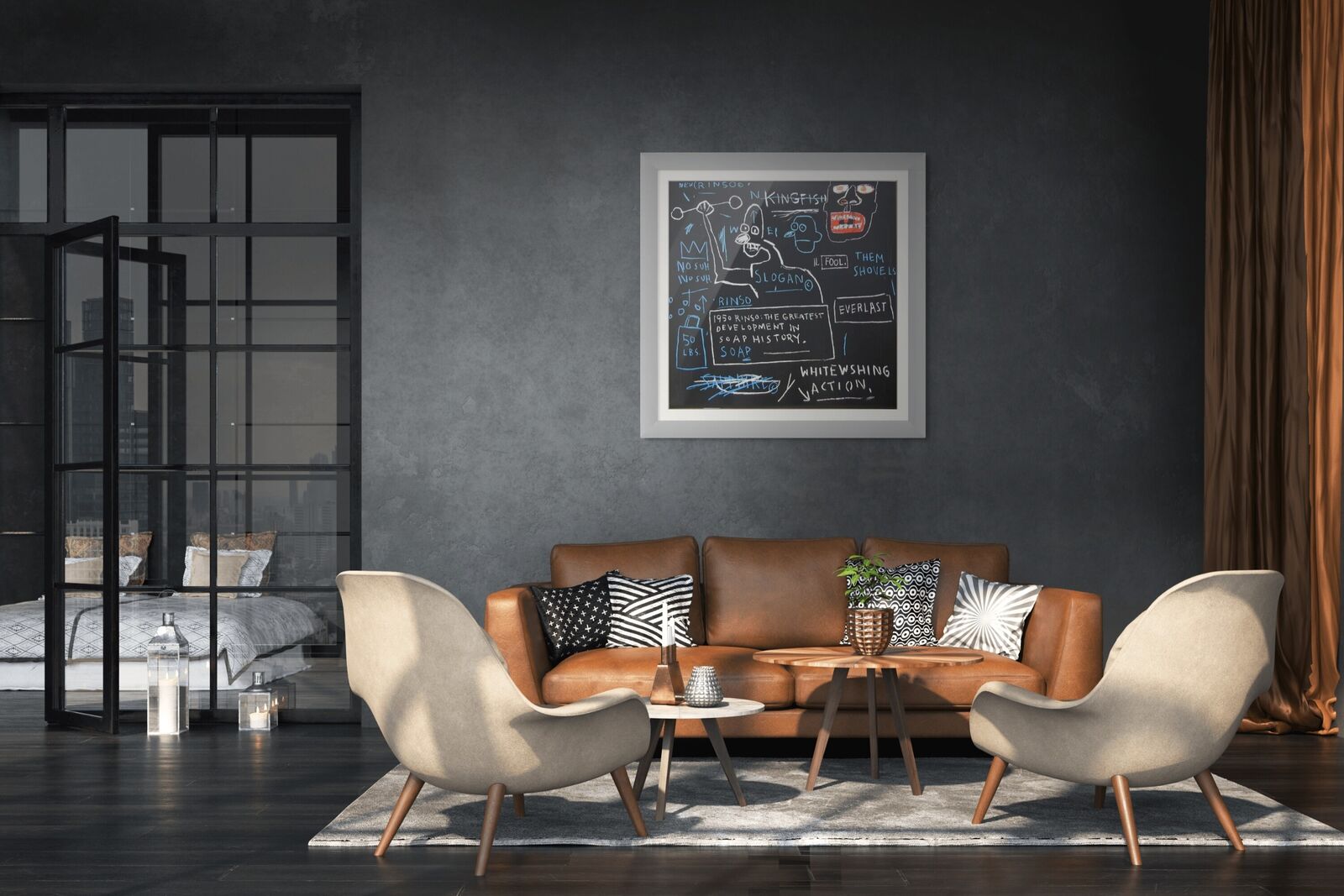 A blackboard with a drawing of a man holding a hammer.