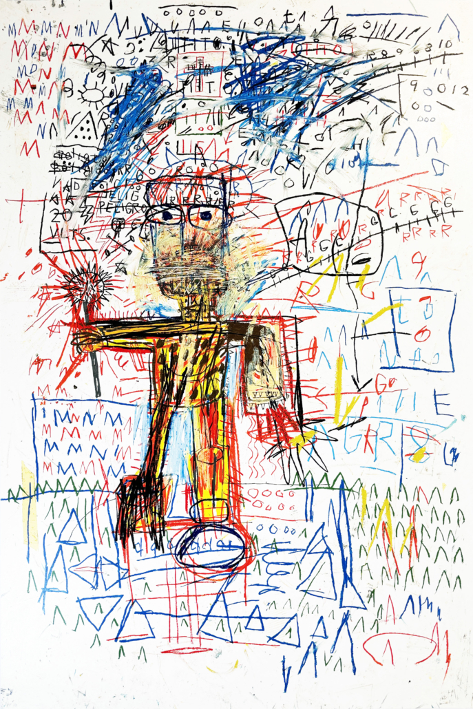 A drawing of a man standing in front of a wall.