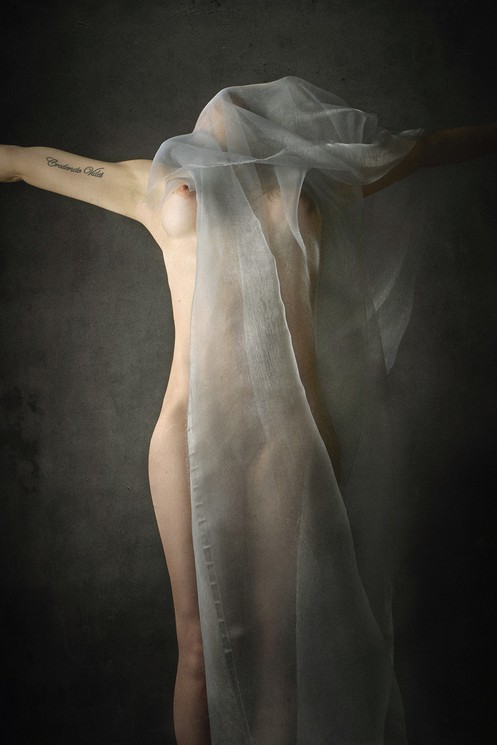 A nude woman with a veil covering her body.