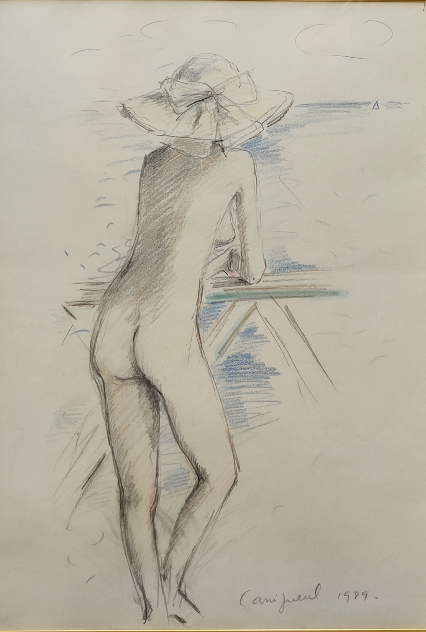 A drawing of a nude woman with a hat on her head.