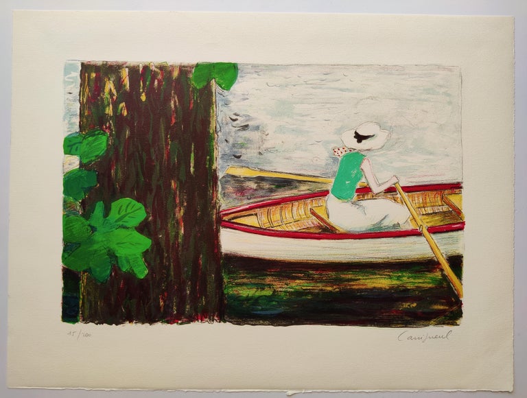 A person rows a boat while framed by a tree trunk.