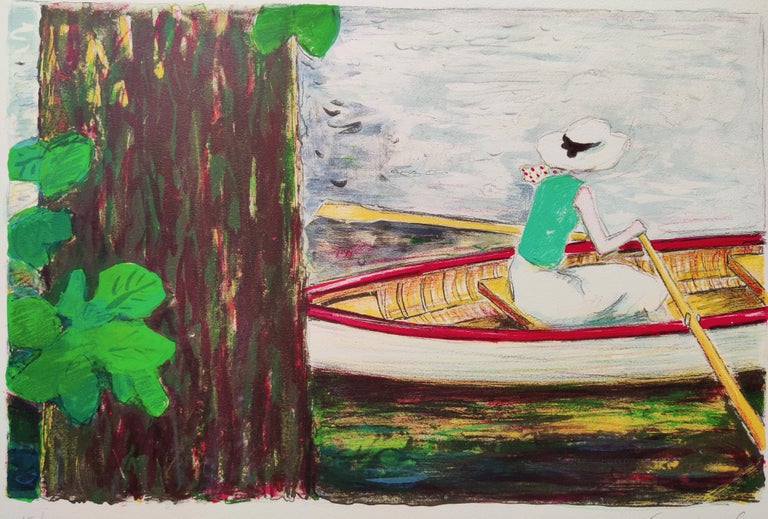 A person rows a boat while framed by a tree trunk.