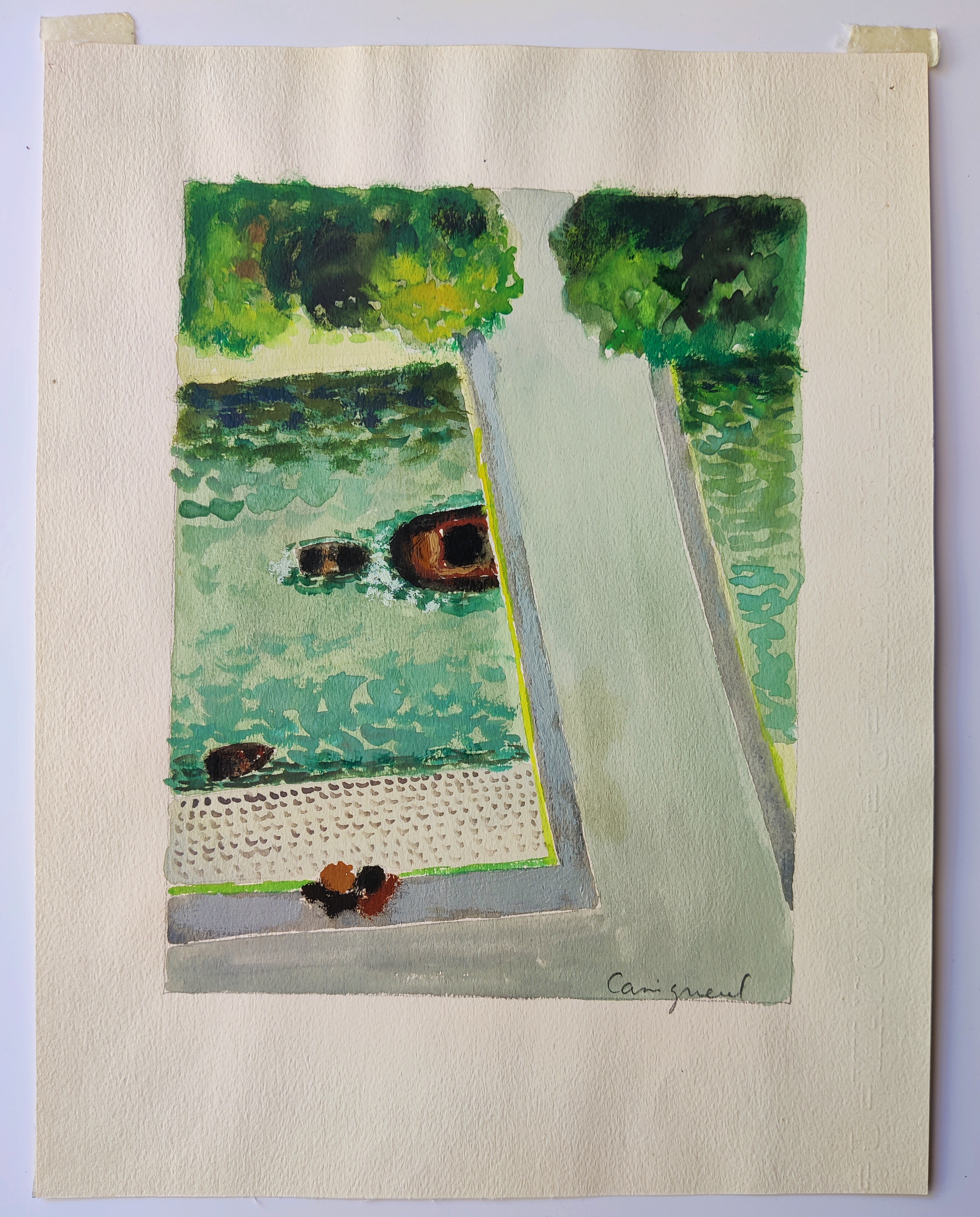 A painting hanging on a wall in a black frame.