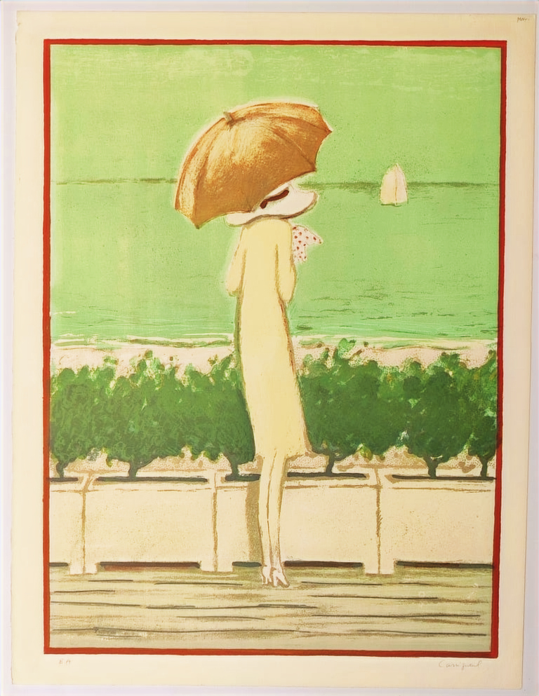 A painting of a woman with an umbrella looking out over the ocean.