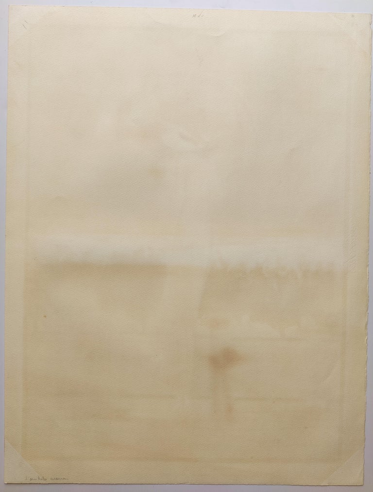 A painting of a woman with an umbrella looking out over the ocean.