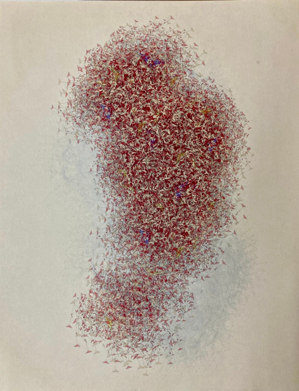 A drawing of a man's head made out of red and blue triangles.