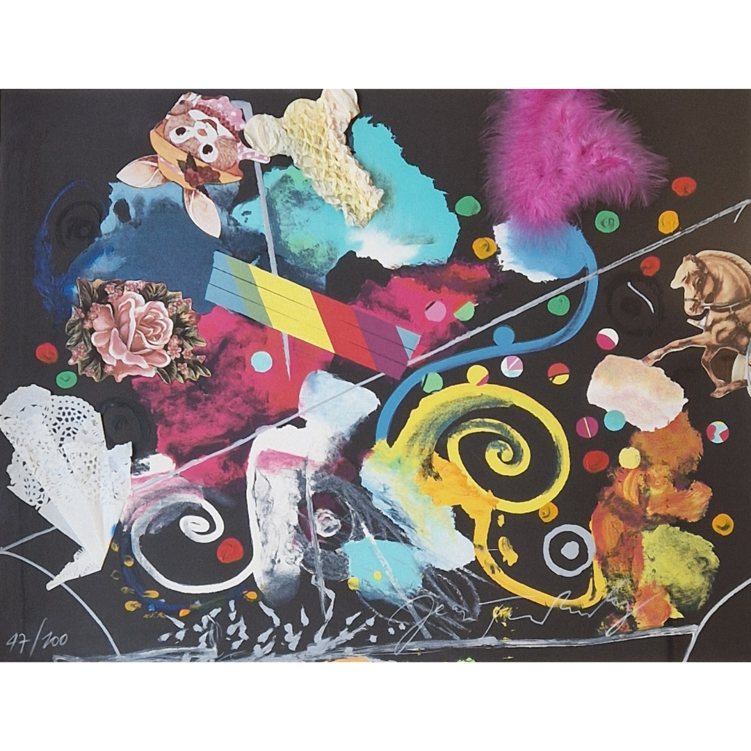 A painting of a colorful abstract painting on a black background.