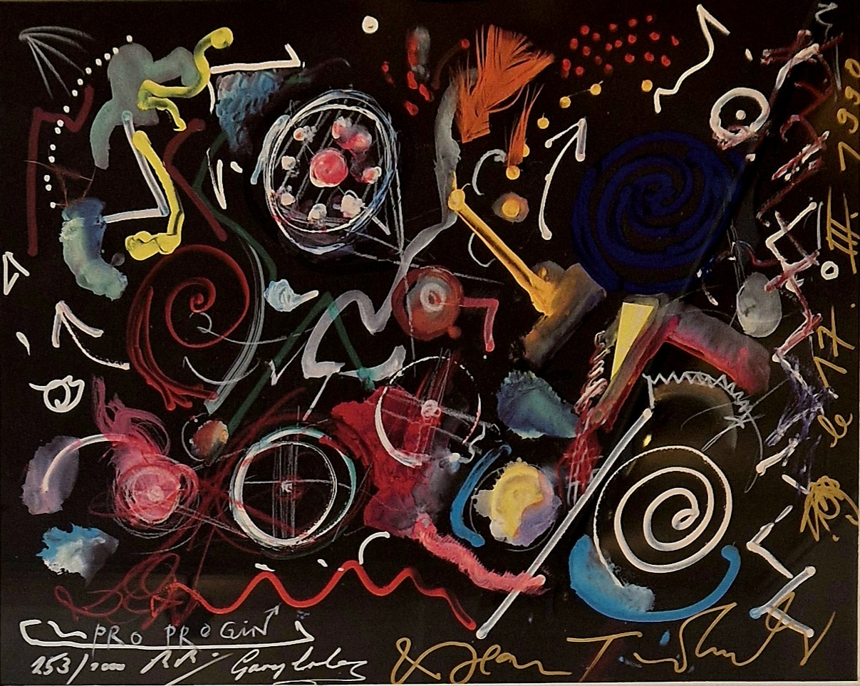 A painting of a black background with lots of different colors.