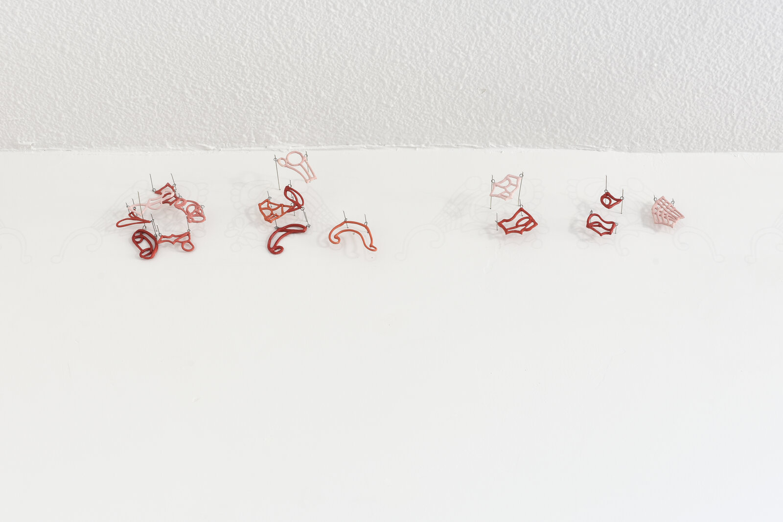 Artwork by Jeanne Quinn, The Fragile Border ( Pink and Red Porcelain Lace), Made of Porcelain, underglaze , pins, vinyl 