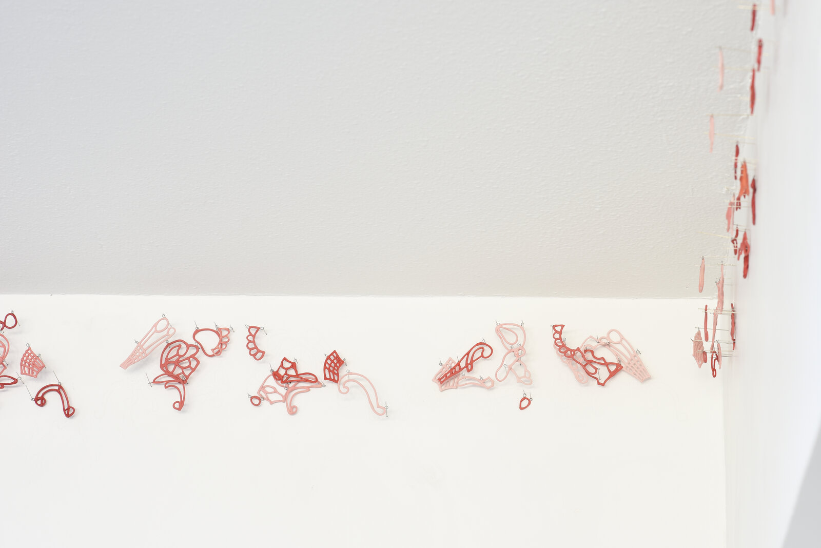 Artwork by Jeanne Quinn, The Fragile Border ( Pink and Red Porcelain Lace), Made of Porcelain, underglaze , pins, vinyl 