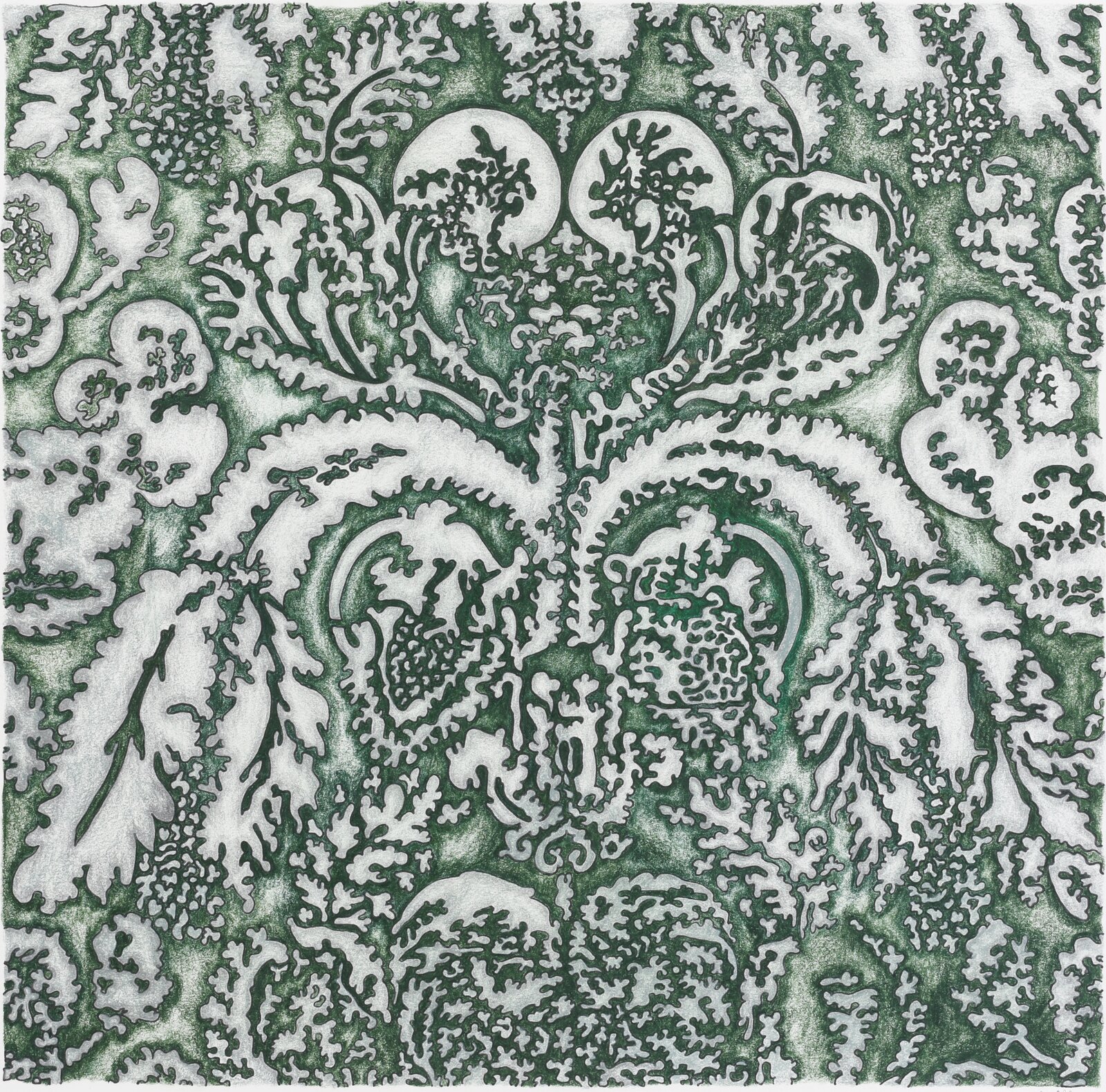 A symmetrical abstract pattern featuring organic, coral-like shapes in deep green and white.
