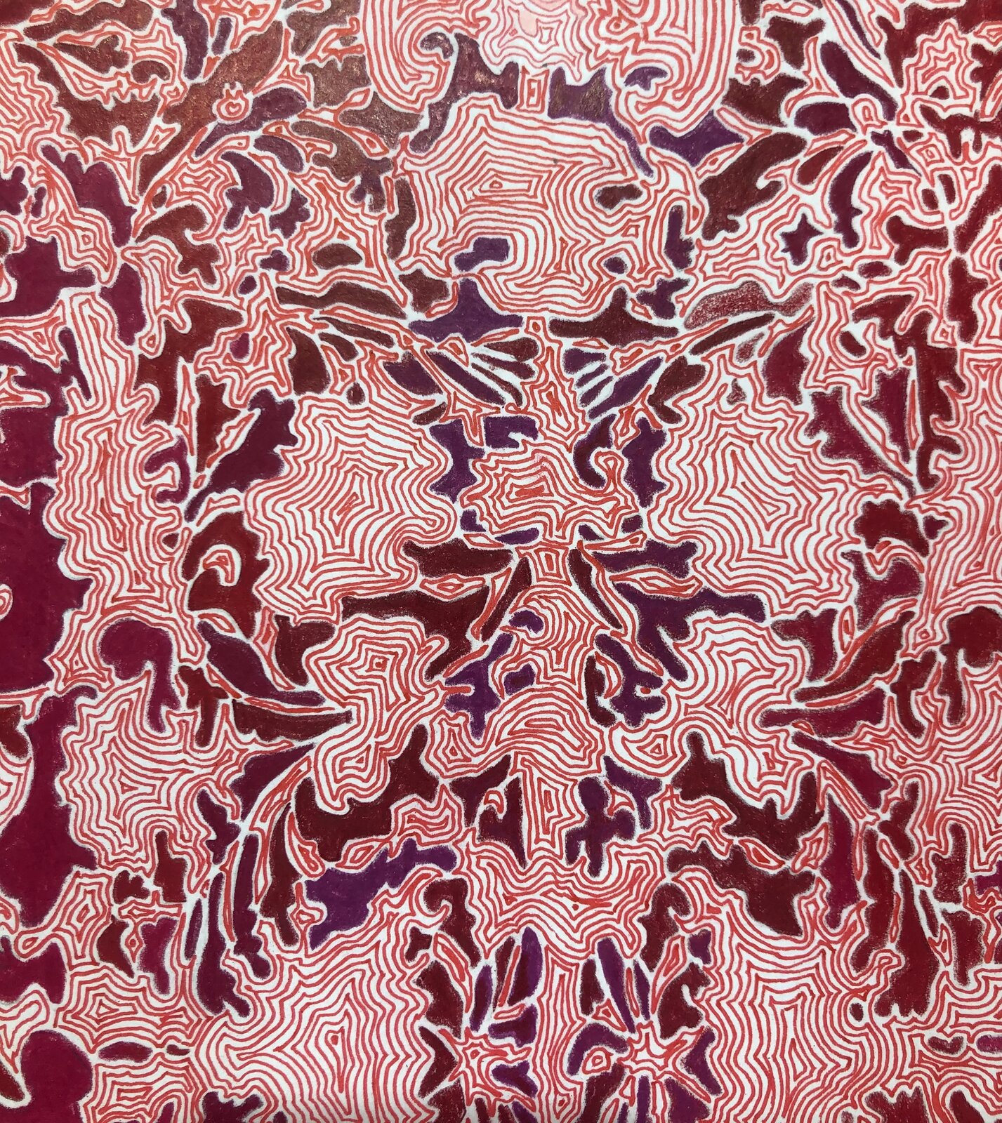 A dense, abstract composition of swirling red and pink lines on a white background.