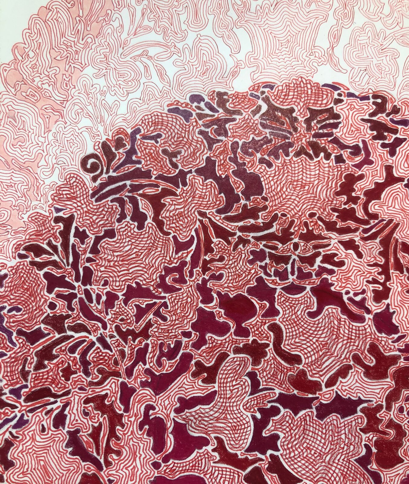 A dense, abstract composition of swirling red and pink lines on a white background.